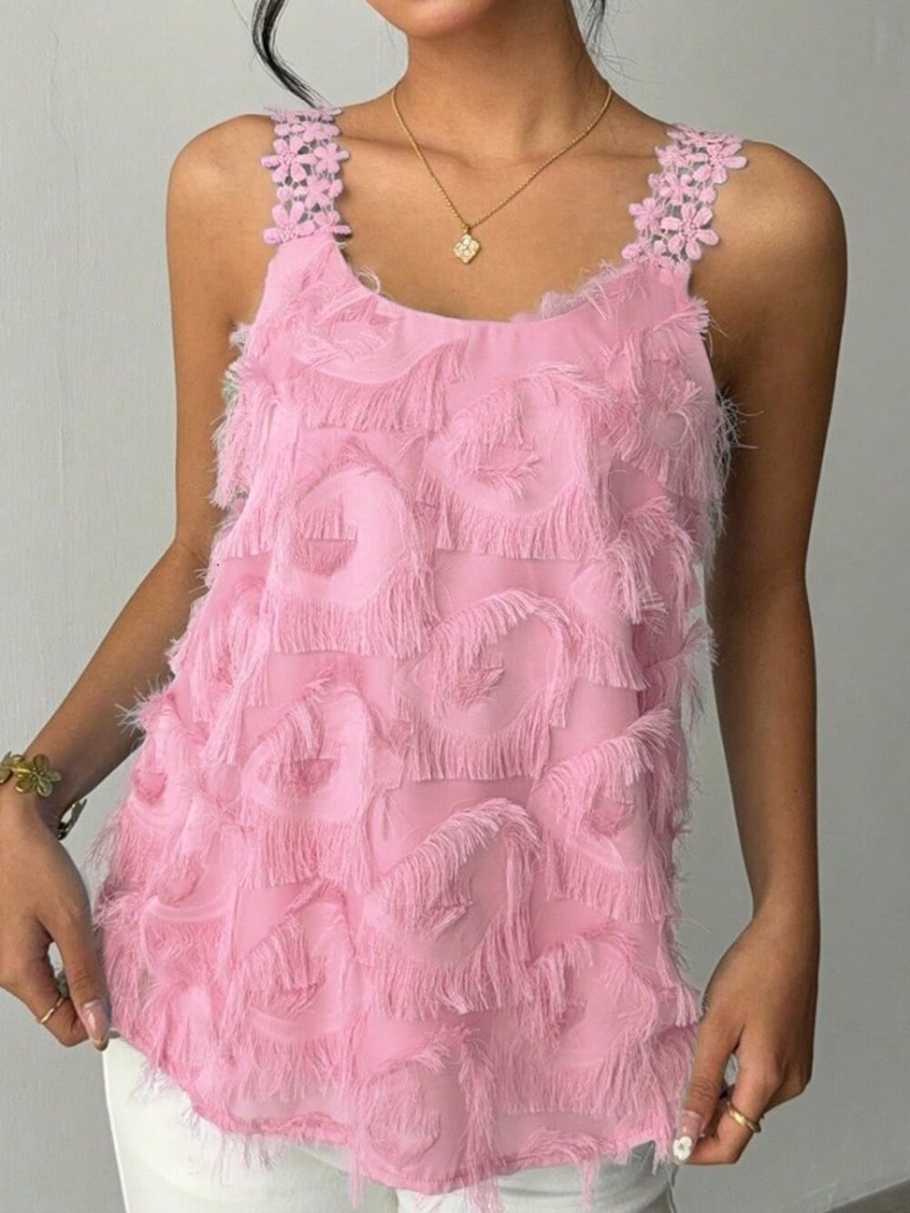 Pink Casual Women's Elegant Floral Lace Patchwork Textured Sleeveless Top - Picture 7 of 7